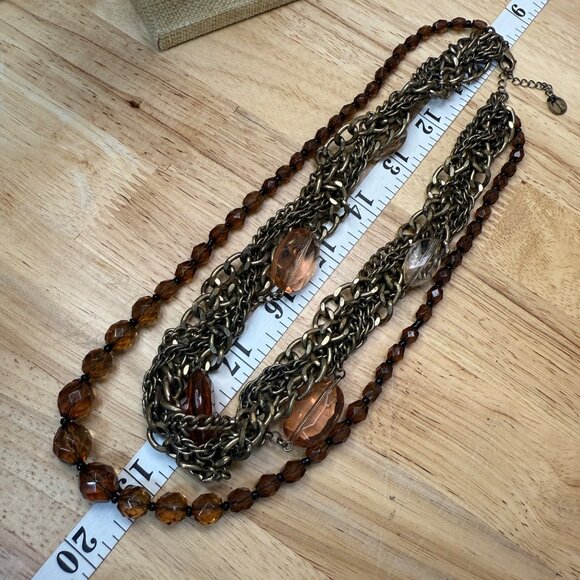 Multi-Strand Bronze Chain & Amber Beaded Statement Necklace By Talbots - Picture 7 of 9